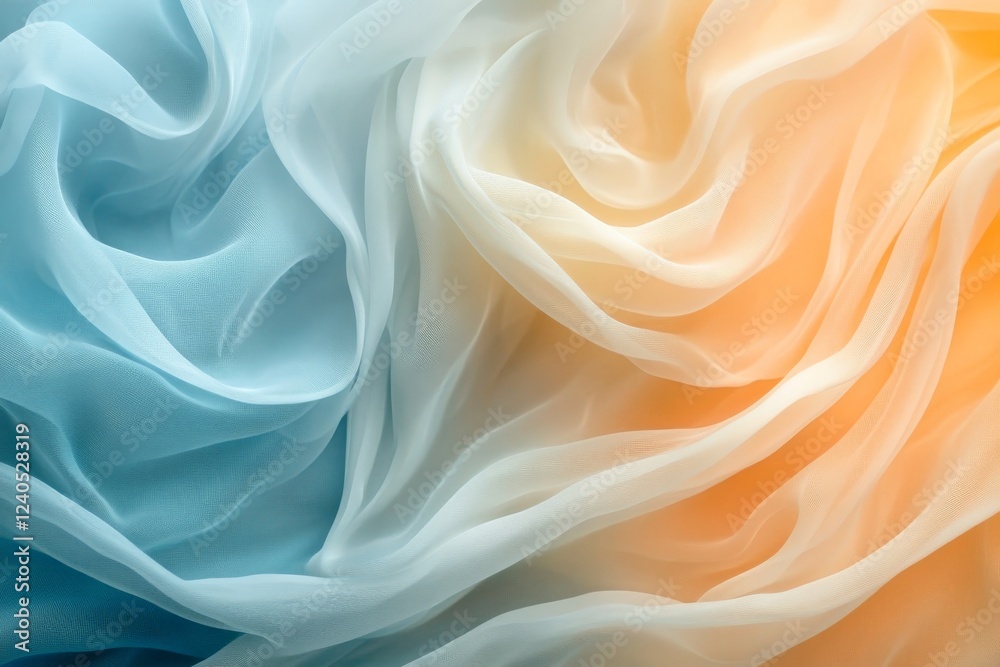 Poster Swirling fabric in soft blue and orange hues creates a tranquil atmosphere in an artistic display of texture and color