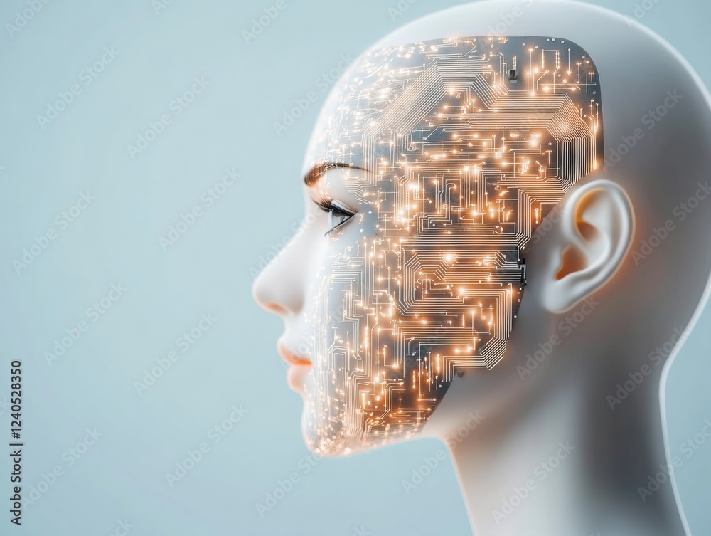 Fototapete futuristic cybernetic head sculpture illuminated circuitry aesthetic in neural ai silhouette - cutti
