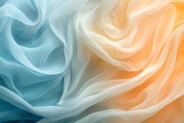 Fototapeta premium Swirling fabric in soft blue and orange hues creates a tranquil atmosphere in an artistic display of texture and color