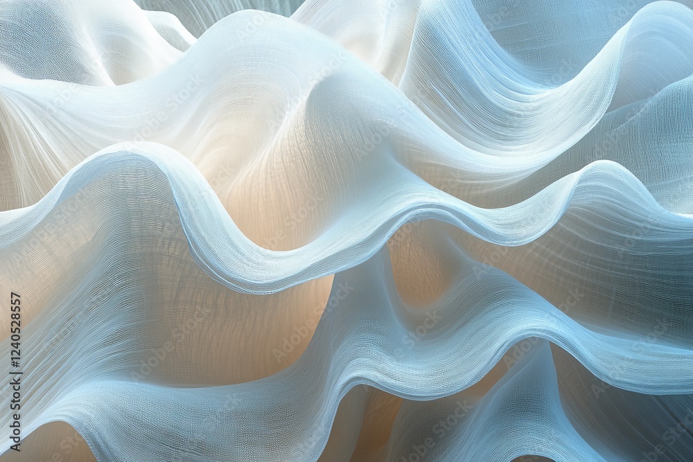Poster Soft waves of translucent fabric flow gently, creating a serene and calming visual effect in muted blue and cream tones