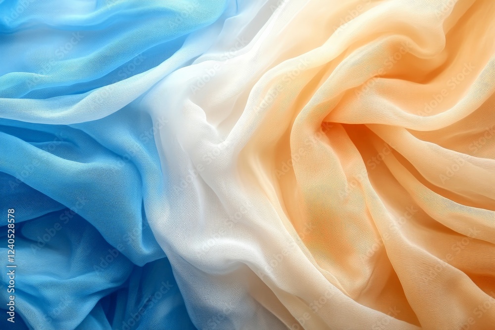 Poster soft fabric draping in shades of blue, white, and orange creates a serene and calming visual effect