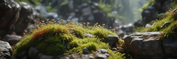 Small, delicate moss sprouts from rocky crevice, rocky, outdoor