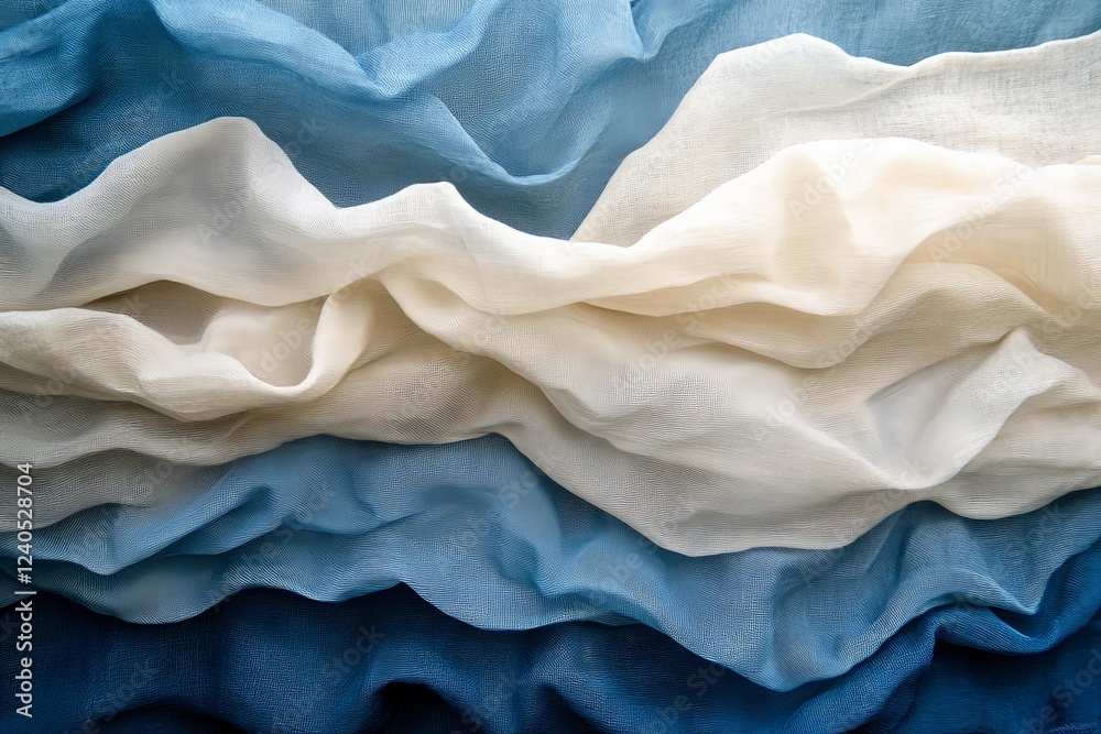 Poster flowing fabric in shades of blue and white creates a soft textured background in a serene atmosphere