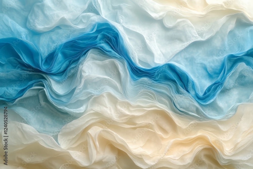 Poster Flowing layers of blue and cream fabric create a serene and textured visual in a soft, dreamlike arrangement