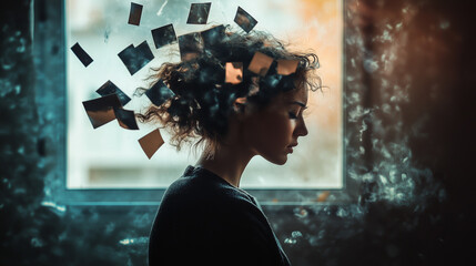 A young adult sits alone near a window as notes and papers swirl around them, there is a sense of mental chaos, overwhelm or isolation. Wide landscape aspect ratio 16:9 with copy space