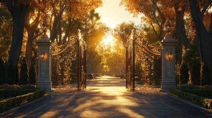Intriguing Roadside Gate Framed by Lush Greenery and Bright Blue Sky Inviting Travelers into Enigmatic Journey Ahead with a Sense of Wonder and Anticipation for Adventure Beyond