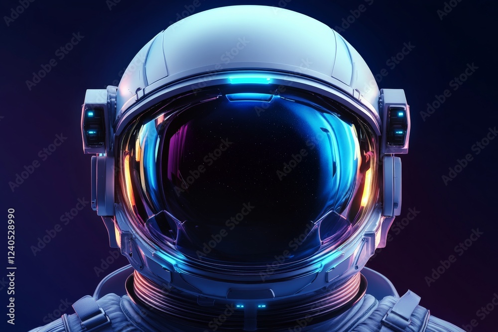 Poster Creative representation of a futuristic astronaut helmet with vibrant reflections in a dark setting