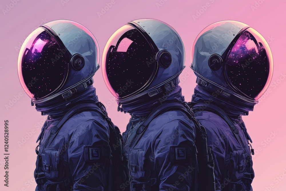Poster three astronauts standing in a row against a vibrant starry background at dusk