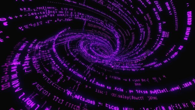 Purple code vortex, digital swirl, data stream, technology background, website banner