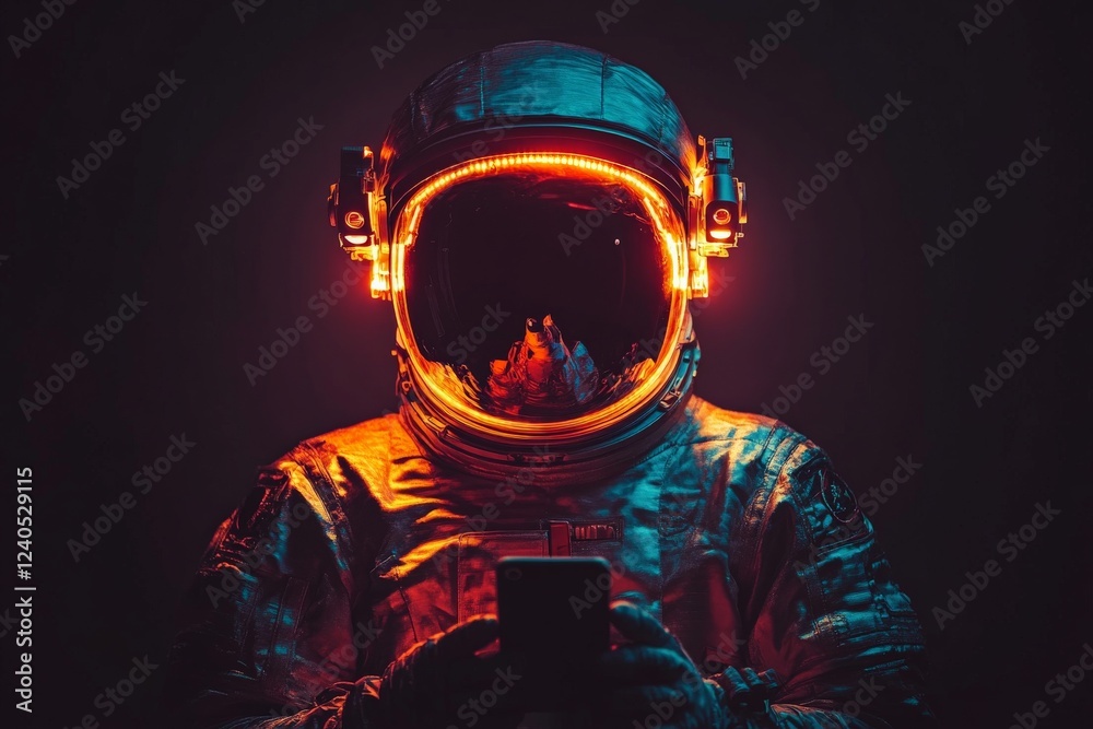 Aufkleber Astronaut wearing illuminated helmet while using smartphone in a dark setting
