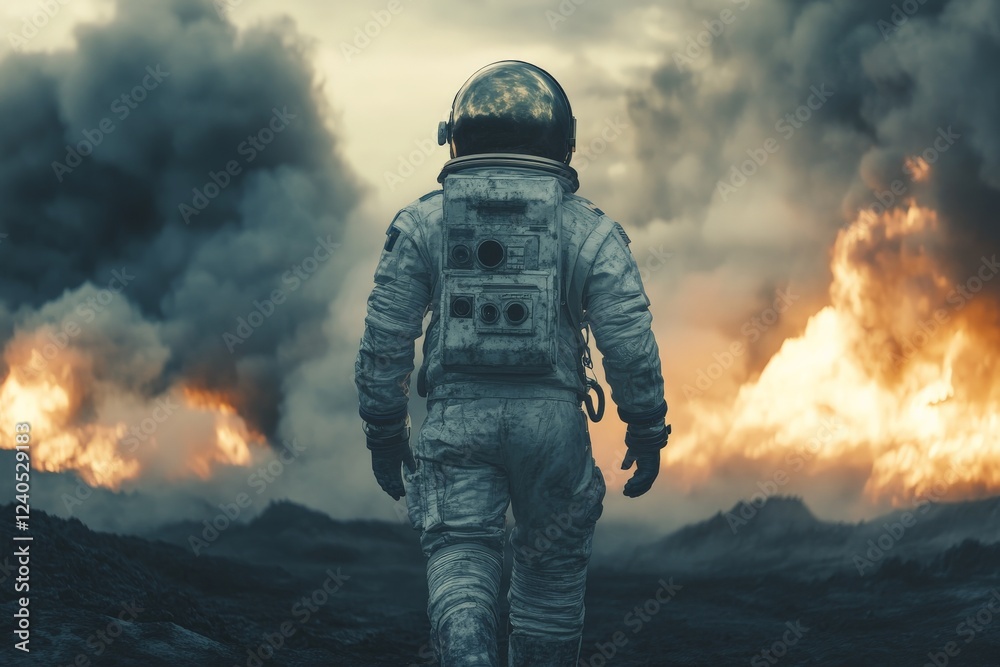 Poster astronaut walking through a fiery landscape with smoke and destruction in the background