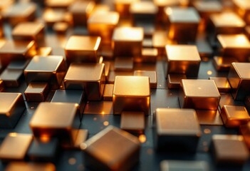 Obraz premium Exploring the Allure of Shimmering Golden Cubes at Dusk in a Digital Landscape. Generative AI