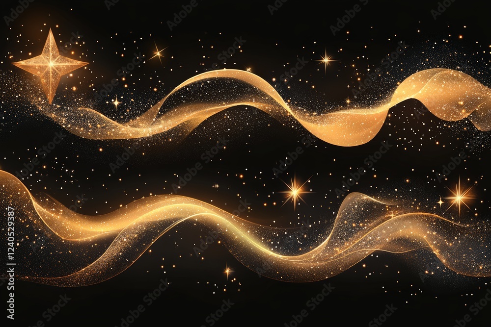 Poster elegant golden stars and flowing waves create a magical cosmic atmosphere in a dark backdrop