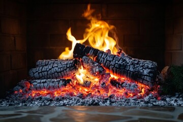 Cozy fireplace with glowing embers and crackling flames during a winter evening