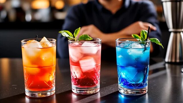 Various Cocktail Collection with varying glassware, Handmade Craft Cocktails, dalcoholic beverages. On the bar, in the restaurant, behind it is a liquor showcase.
