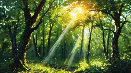Fototapeta premium A serene forest scene with sunlight filtering through the trees