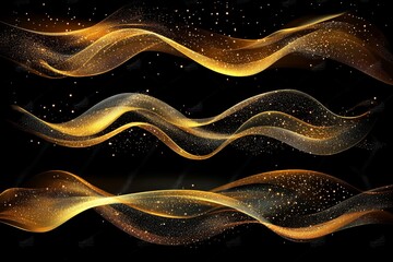 Elegant golden waves with sparkling effects create a mesmerizing visual display on a dark background