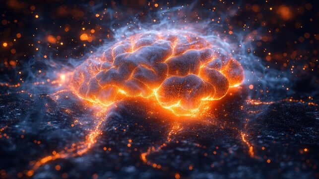 Fiery Brain Exploding, Sparks, Dark Background, Concept Art