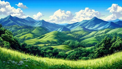 Fototapeta premium Lush Green Hills with Majestic Mountains Under a Clear Blue Sky and Fluffy White Clouds in a Serene Landscape Scene