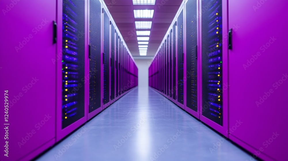 Poster Neon Tech Aesthetic in Server Rooms Sleek Hardware Racks with LED Lights - Vital for IT Infrastructure and Cutting-Edge Data Processing in Modern Enterprises
