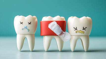 Obraz premium Cartoon teeth in distress dental care awareness animated characters playful environment close-up view oral health education
