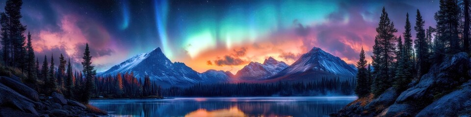 Stunning Aurora Borealis Illuminating Serene Lake and Majestic Mountains Under Starry Night Sky in Vibrant Colors of Nature's Splendor