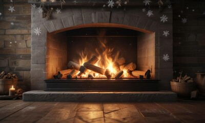 Snowflakes gently falling on a roaring fireplace, cozy cabin, winter magic, warm glow