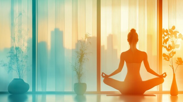 Meditation Silhouette in Lotus Pose Against Urban Sunrise Skyline with Copy Space