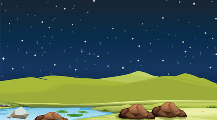 Meadow with grass, pond, conifers and hills on horizon at night. Vector illustration of summer landscape of field or pasture with plants, lake, full moon and stars in dark sky