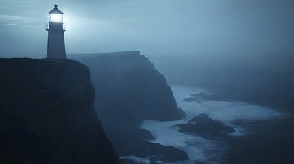 Fototapeta premium Misty seaside with lighthouse, dramatic coastline shrouded in fog, conveying mystery and tranquility, ideal for contemplative themes.