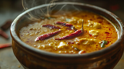 Bowl of Spicy Curry with Red Chili Garnish