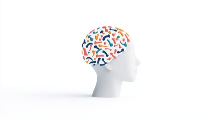 Abstract human head with colorful brain patterns on white background