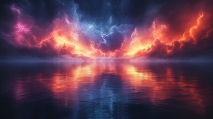 Fototapeta premium Fiery cloudscape ocean reflection, night