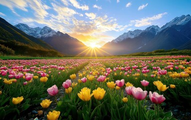 Breathtaking Sunset Over Colorful Tulip Field With Majestic Mountains and Bright Sky in Spring Glow