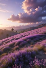 Soft lavender hues stretch across a rolling hillside under a serene sky with scattered clouds , nature, serenity, blooming