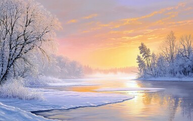 Serene Winter Landscape at Sunset with Frosted Trees and Reflective River Surrounded by Snow-Covered Ground and Soft Glowing Sunlight