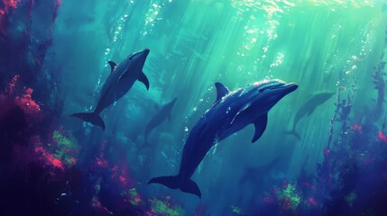 Fototapeta premium illustrations of dolphins swimming underwater in the sea