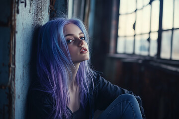 Fototapeta premium Woman with unique purple hair color poses in an urban setting near large windows during twilight
