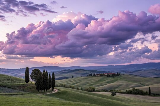 Soft purple cumulus clouds drift across a serene landscape at dawn with rolling hills and tall trees in the distance, peaceful, rolling hills, soft focus, serene