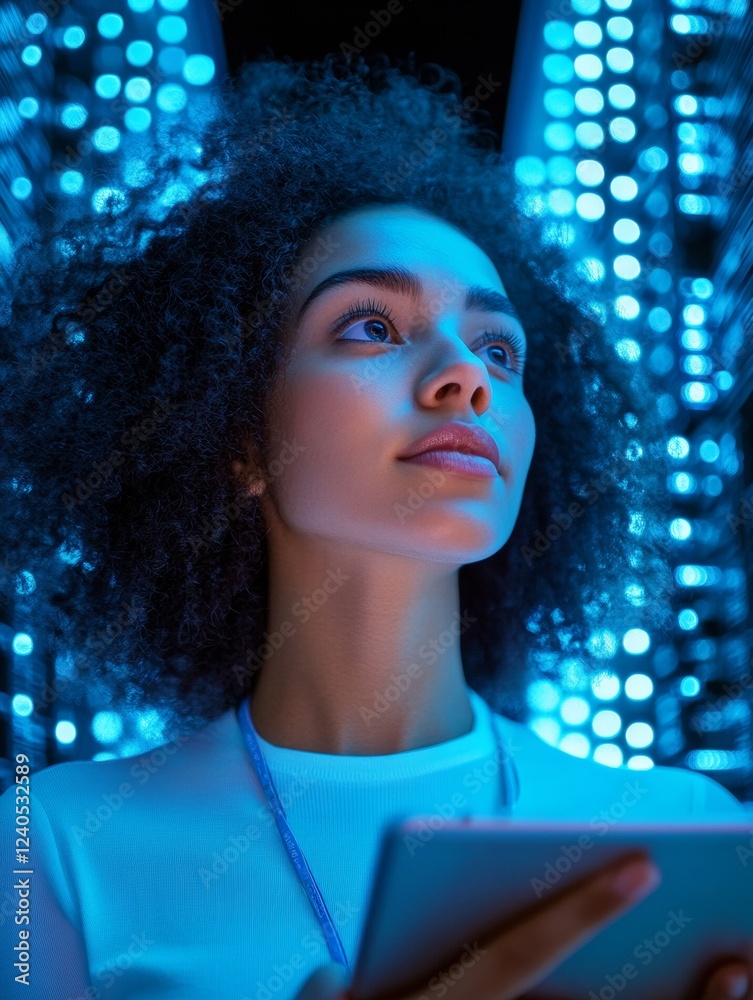 Aufkleber futuristic cybersecurity monitoring latina professional in blue-glow server room with tablet enhance