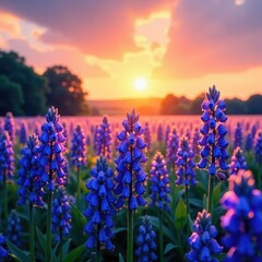 Fototapeta premium Softly glowing sunset over a field of blue-violet wildflowers, blue violet background, countryside landscape,