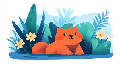 Fototapeta premium Happy otter swimming tropical foliage pond illustration