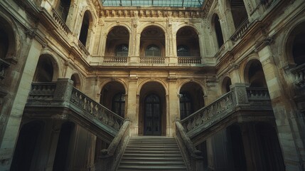 Obraz premium Interior view of an old stone building with a grand staircase, arched doorways, and intricate architectural details