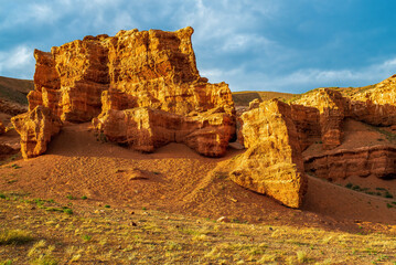 A stunning view of Charyn Canyon at sunset. Charyn National Park is located in the Almaty region of southeastern Kazakhstan