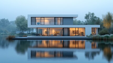 Charming House Perched on Tranquil Waters with Expansive Large Window Offering Scenic Views of Nature and Serenity Surrounded by Lush Greenery and Reflective Calm Water Surface