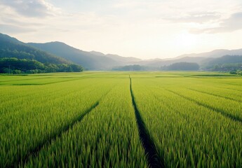 Fototapeta premium Lush Green Rice Field Under Soft Sunset Sky with Mountains in Background, Tranquil Countryside Scene Ideal for Nature and Agriculture Imagery