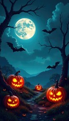 Fototapeta premium Spooky night landscape with glowing pumpkins and bats, cloudy sky, spiders,
