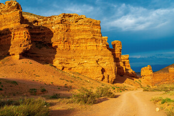 A stunning view of Charyn Canyon at sunset. Charyn National Park is located in the Almaty region of southeastern Kazakhstan