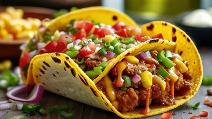 Colorful tacos filled with fresh vegetables and toppings