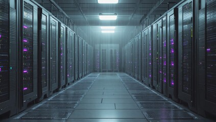 Server room corridor, data center, digital infrastructure, glowing lights, technological background, network technology